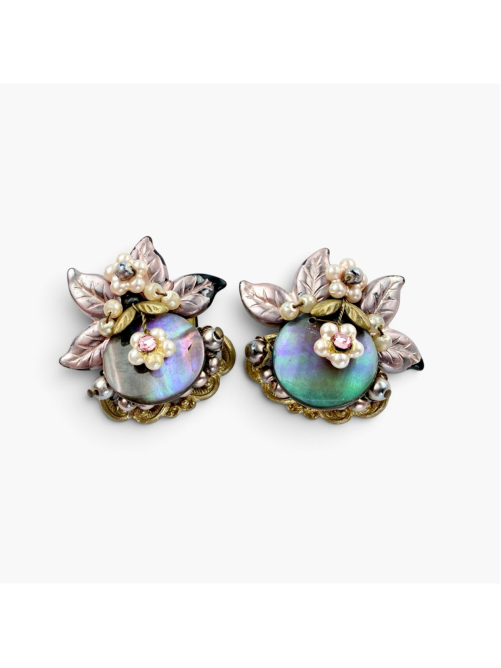Miriam Haskell Abalone Floral Clip On Earrings, Unsigned, Vintage